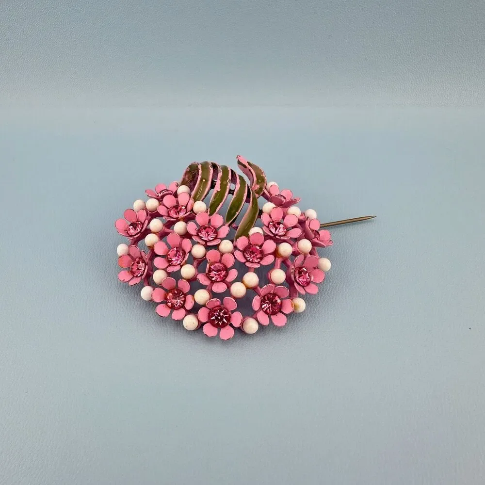 Vintage Rhinestone Flower Brooch Pink Japanned Enamel Floral Spray Bouquet 2